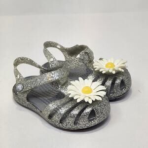 Crocs Toddler Isabella Charm Jelly Sandals Child Size 4 Silver Glitter Flower